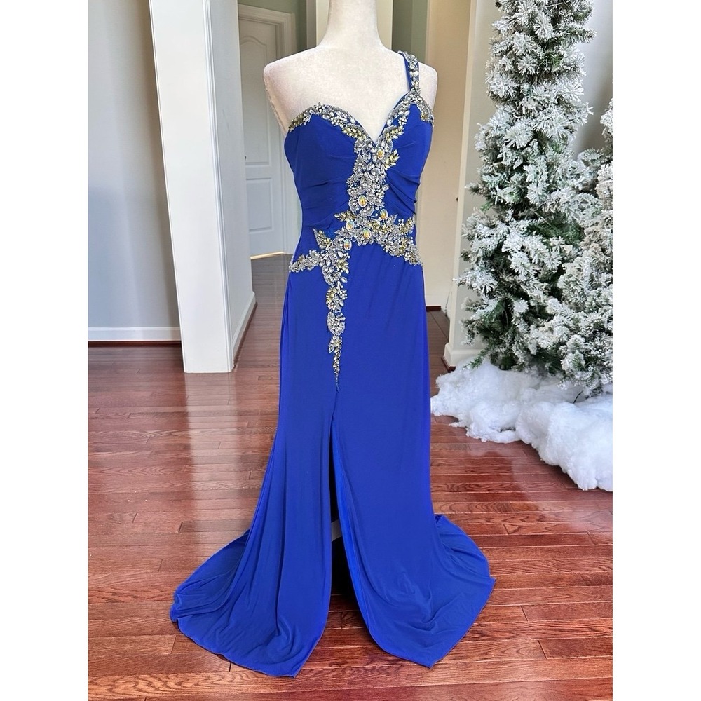Vintage May Queen USA Royal Blue One Shoulder Embellished Gown Dress Size 12 - Picture 5 of 12